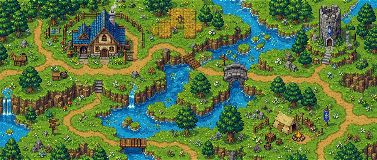 Mundo de Kaelion — floresta, rio e aventura